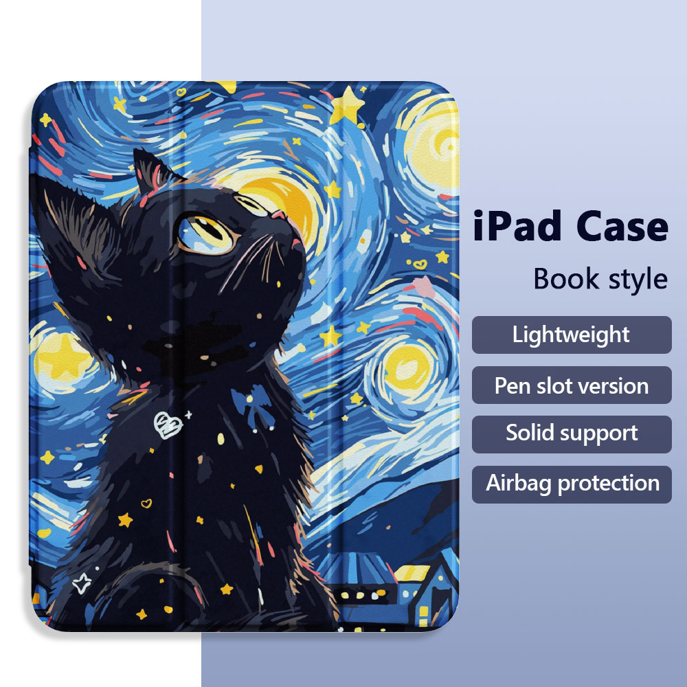 TEMU Compatible For Case For Ipad With Pencil Holder & Auto Sleep/wake Cover, Starry Night Black Cat, Uv Painted Case Suitable For Ipad Pro M4/air/