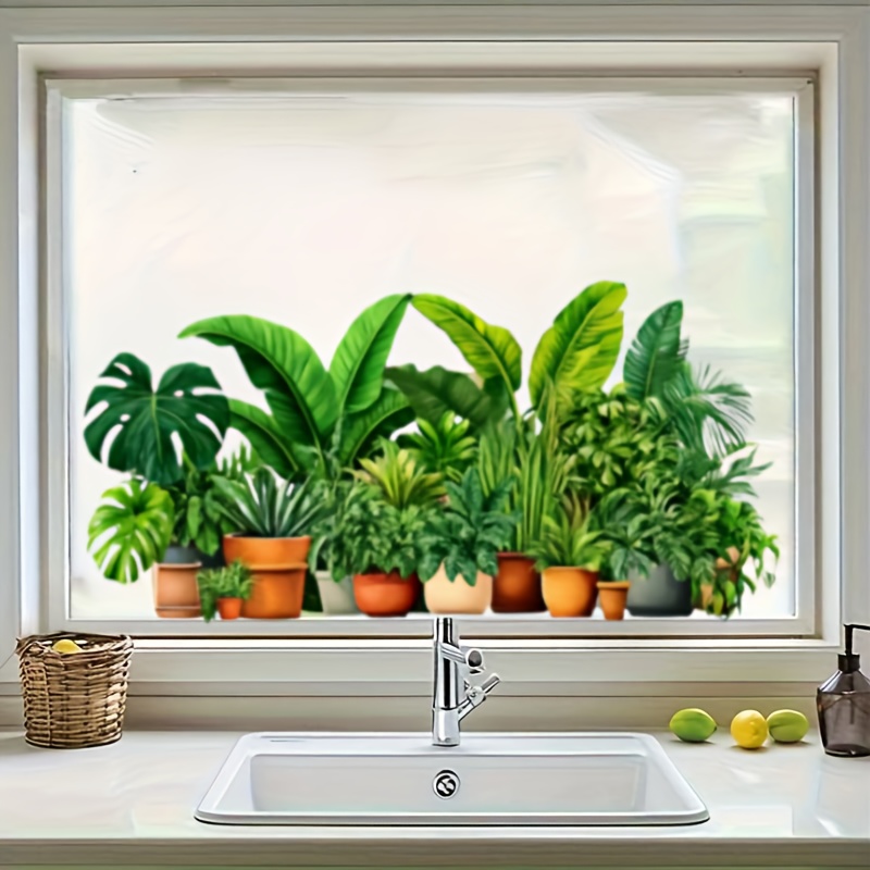 TEMU 1pc Nordic Style Green Plant Potted Window Sticker, Monstera Philodendron Banana Leaf Succulent Plant Pattern, Glue-free Static Cling Pet Glass