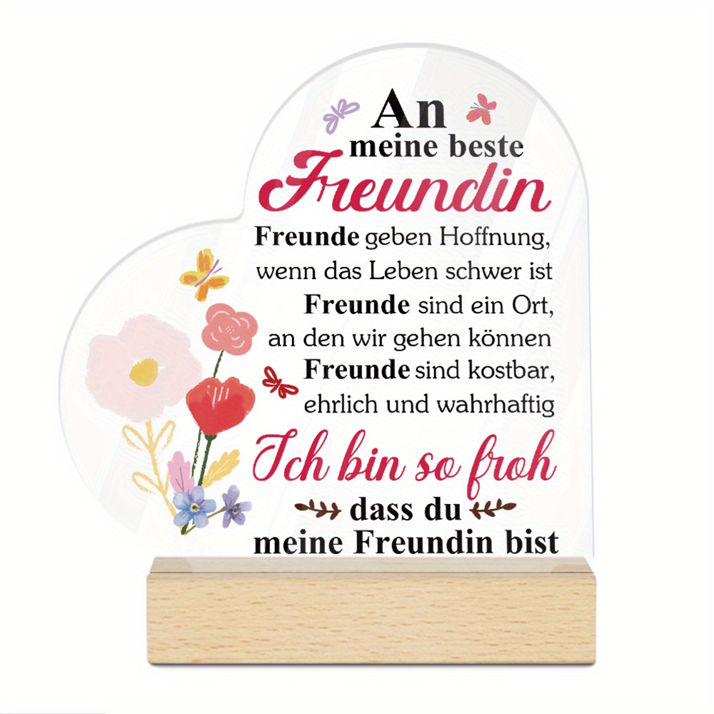 E-shop 2D Flach, . Putuo Dekor Herzliches Deutsches Zitat Acrylschild mit Holzsockel - "Freunde Geben , Wenn Das Schwer Ist" - Blumenmuster