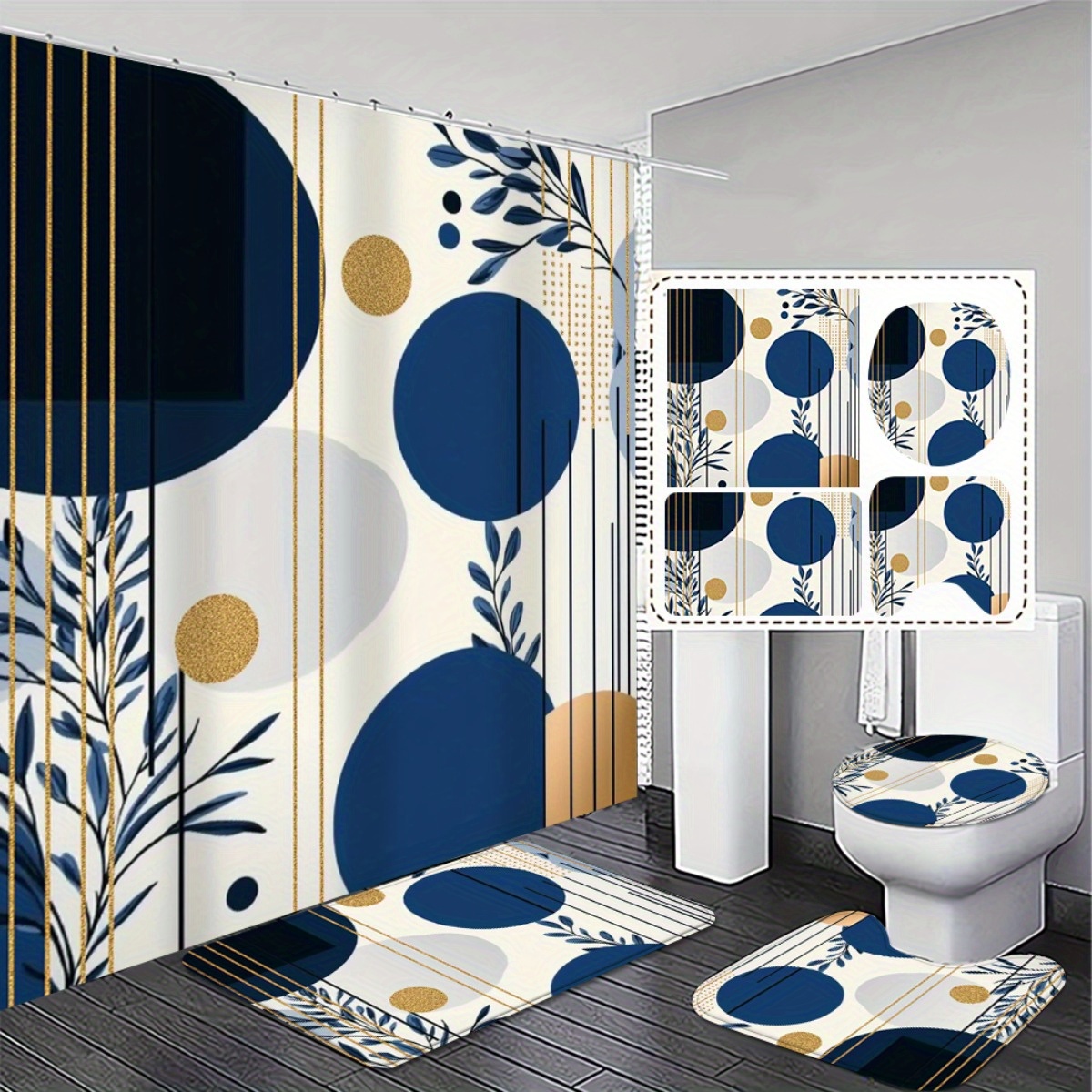 TEMU Ensemble de salle de bain 2D plat, 4 pièces, élégant et , style bohème - Rideau de douche 2D PLAT avec tapis antidérapants et couvercle