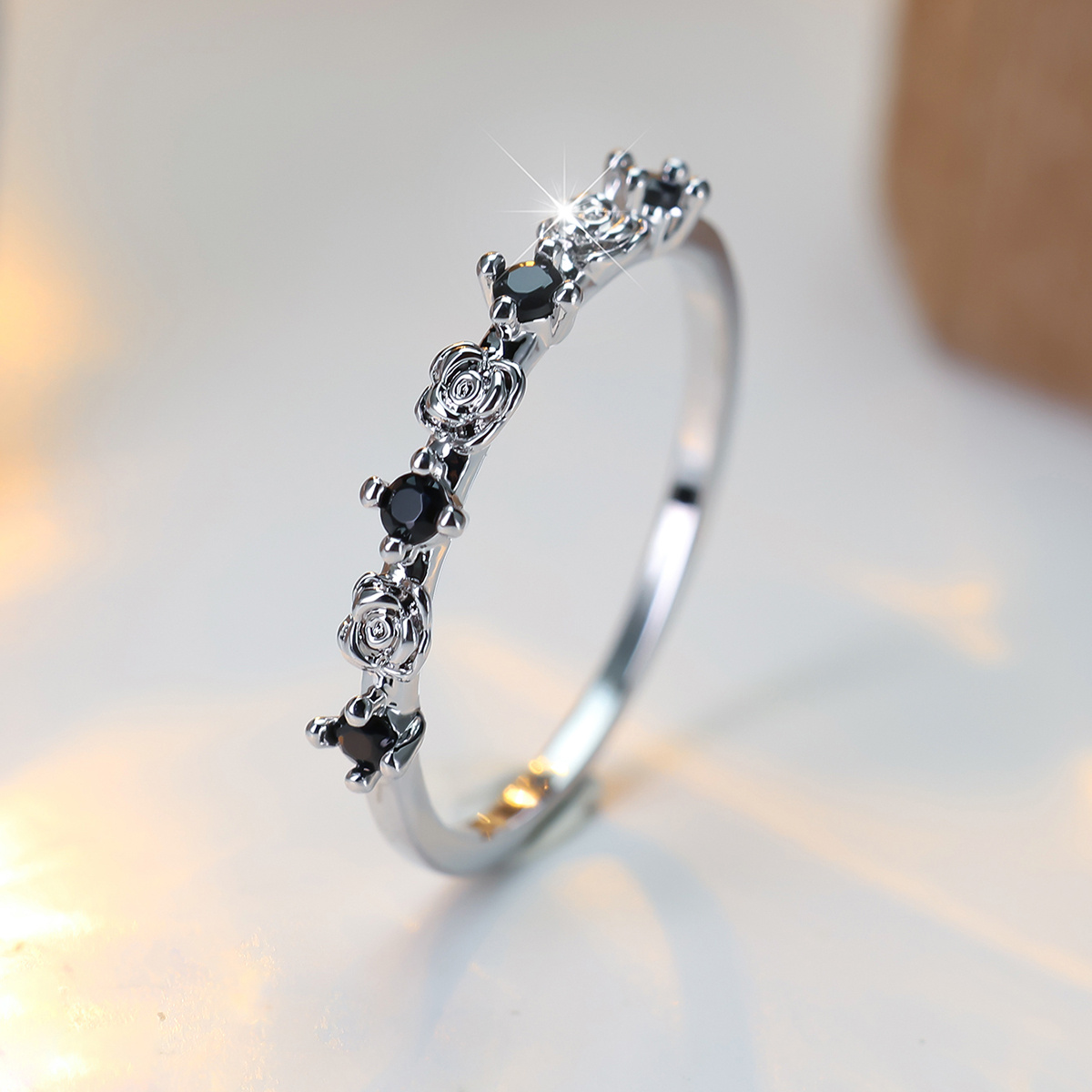 Women's Vintage Delicate Rose Stackable Band with Zirconia Inlay
