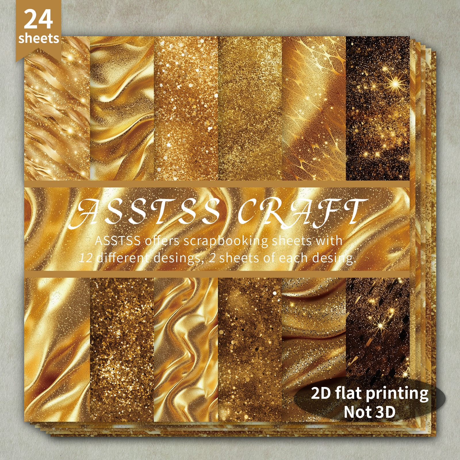 TEMU Bloc de Papier Scrapbooking 24 Feuilles 6*6 Pouces, Papier de Fond Texturé Doré Luxueux, Carton Épais pour Journaling, Art Collage, Cartes de