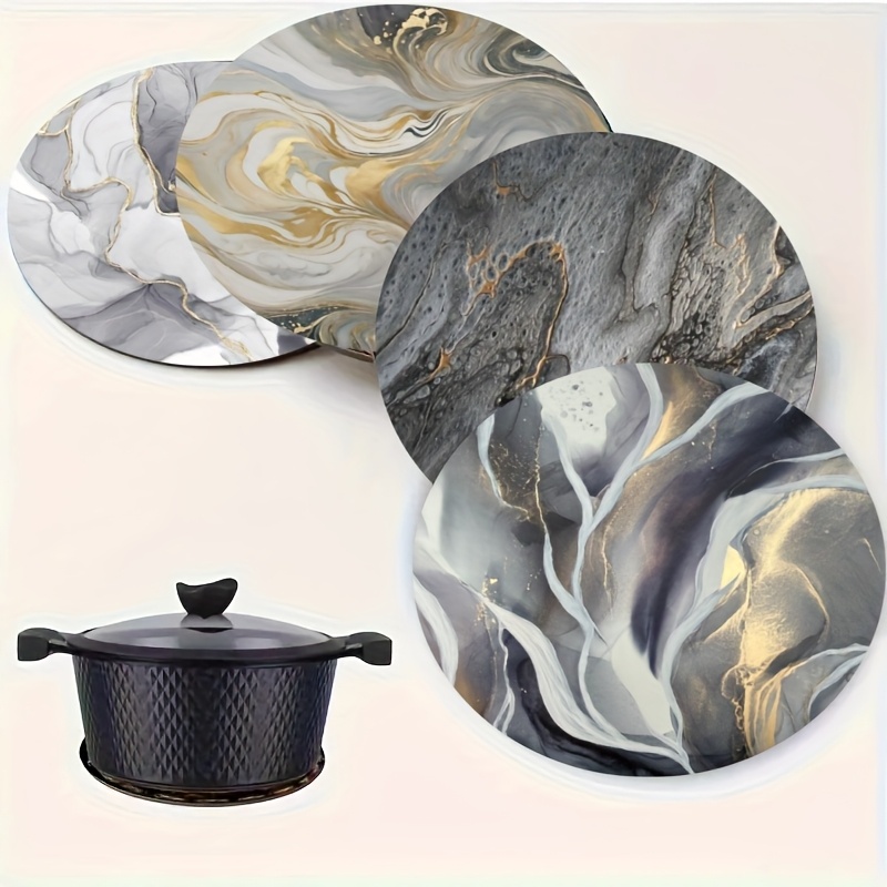 TEMU 4pcs Round Marble Wood Placemats Suitable & Dining Table - Non-slip Heat-resistant Wood Table Protectors With /gray Marble Pattern, Suitable For