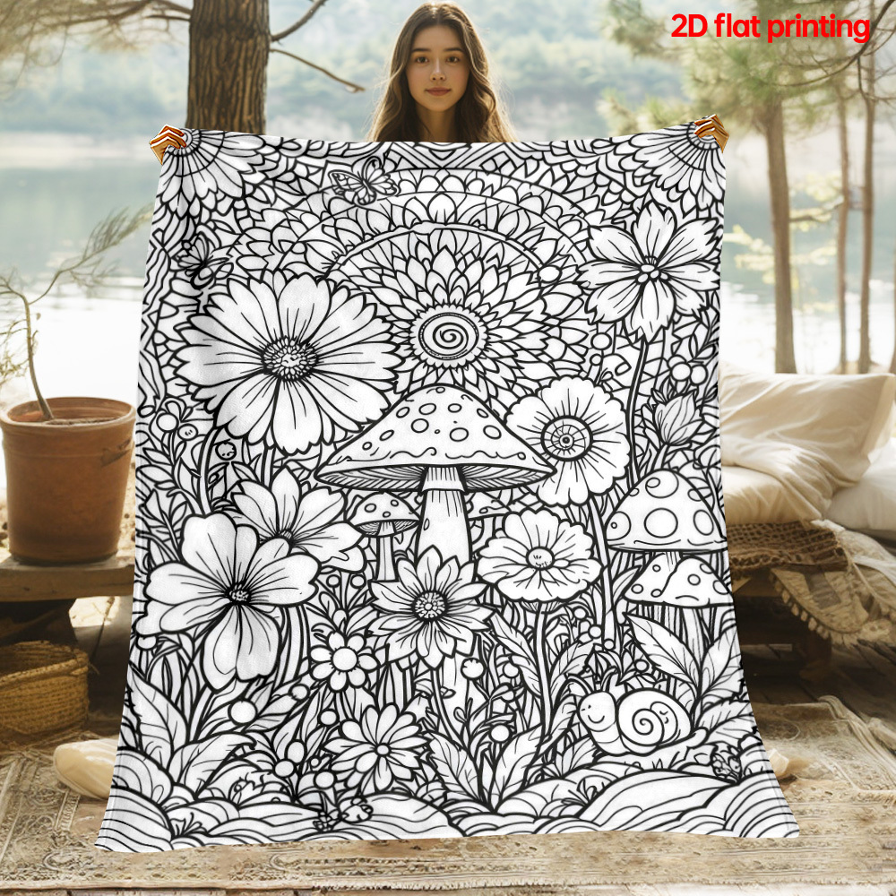 TEMU 1pc Mushroom Flower Line Art Outdoor Portable Blanket - Lightweight Blanket Suitable For Travel Camping Living Rooms Offices Sofas Chairs - Soft