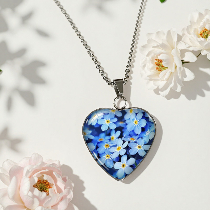 TEMU 1pc Of -me-not Heart Glass Pendant Necklace, A -style Women's Jewelry Gift, A Rustic Necklace Suitable For Casual Attire