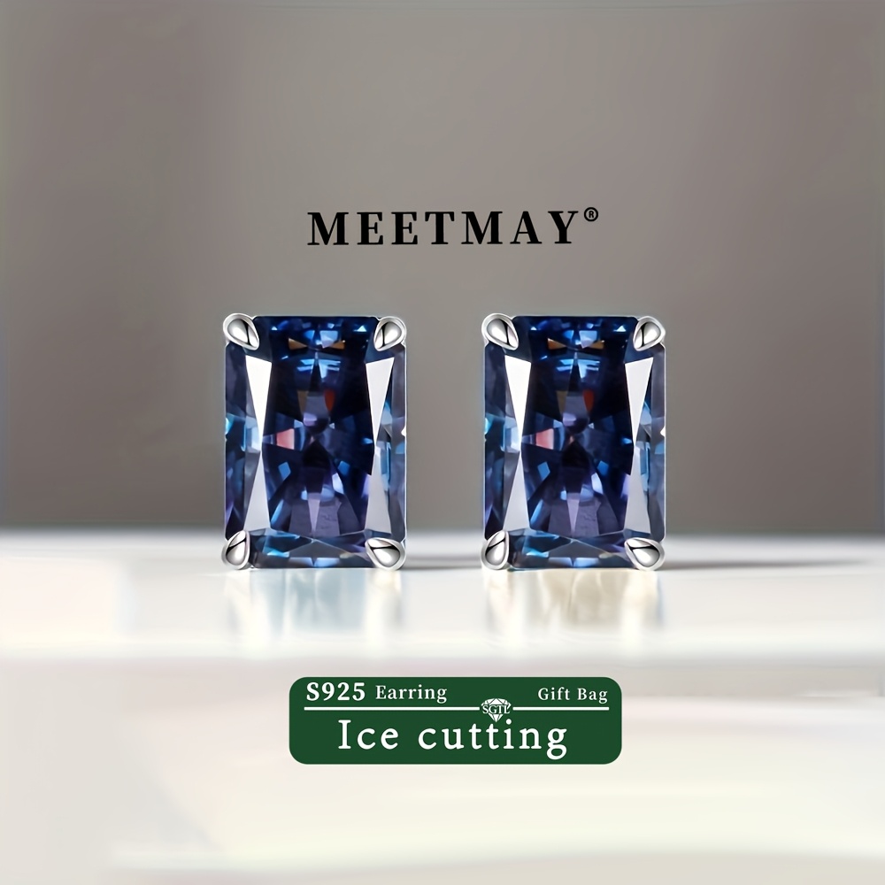 TEMU 7 Carat Dark Tanzanite Blue, 8 X 10 Rectangular Ice Cut 925 Sterling Silver Stud Earrings For Teenage
