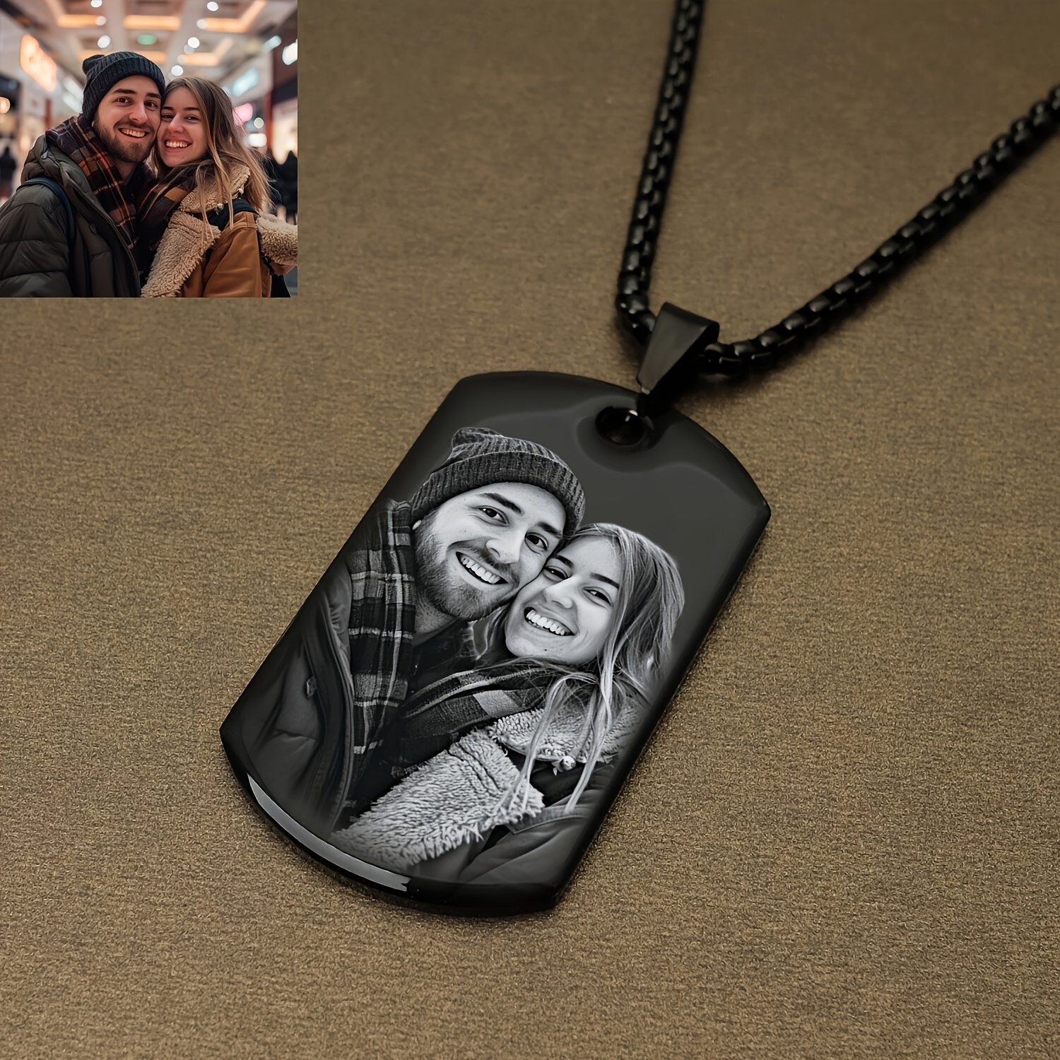 TEMU 1pc Custom Photo Military Dog Tag Necklace - Matte Black And White Photo Texture - Customizable Engraved Text - Holiday Commemorative Gift For