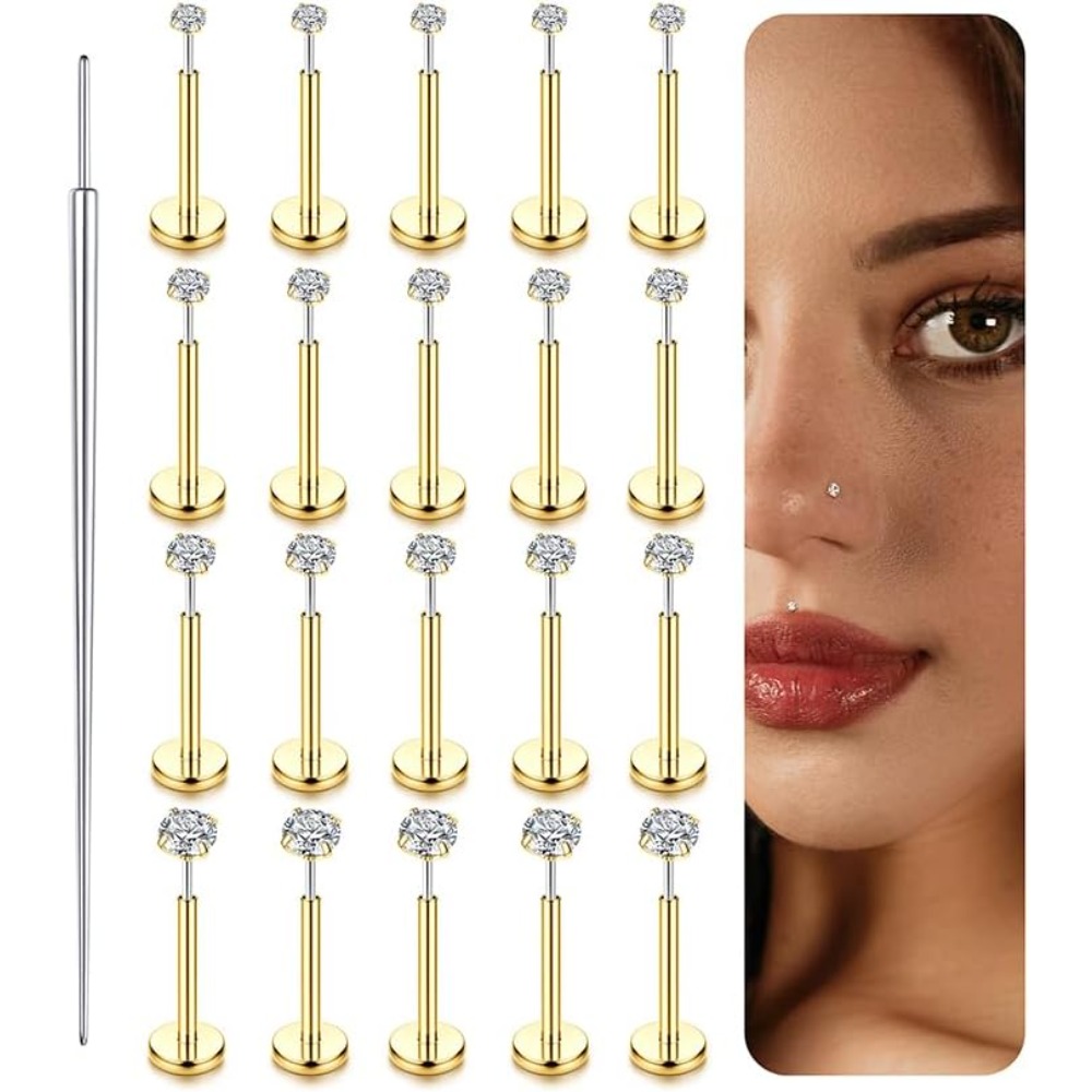 Image of 2d Flat, Nose Studs For Adults 316l Stainless Steel Nose Ring Lip Studs Push In Flat Back Stud Earrings Cubic Synthetic Zirconia Nose Nostril Tragus Helix Body Piercing Jewelry Silvery Golden
