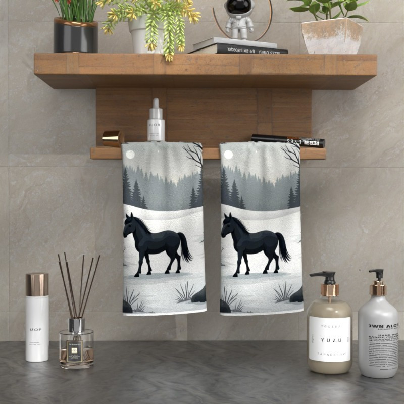 

2pcs Horse-themed Towels 18x26" - Kitchen, Bathroom & Gym | Cozy Winter Essentials For Equestrians | Polyester, Machine Washable