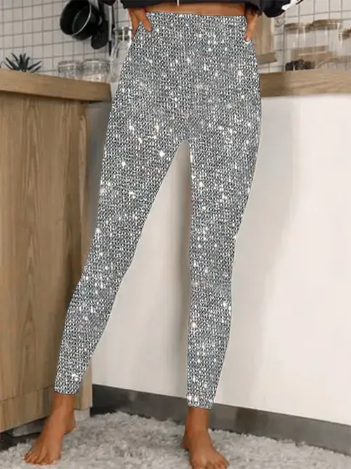 stretchy fit elegant sequin leggings for women 100 polyester knit fabric solid color skinny fit with contrast sequin detail stretchy fall season pants with belt versatile clothing shimmering fabric stretchy fabric
