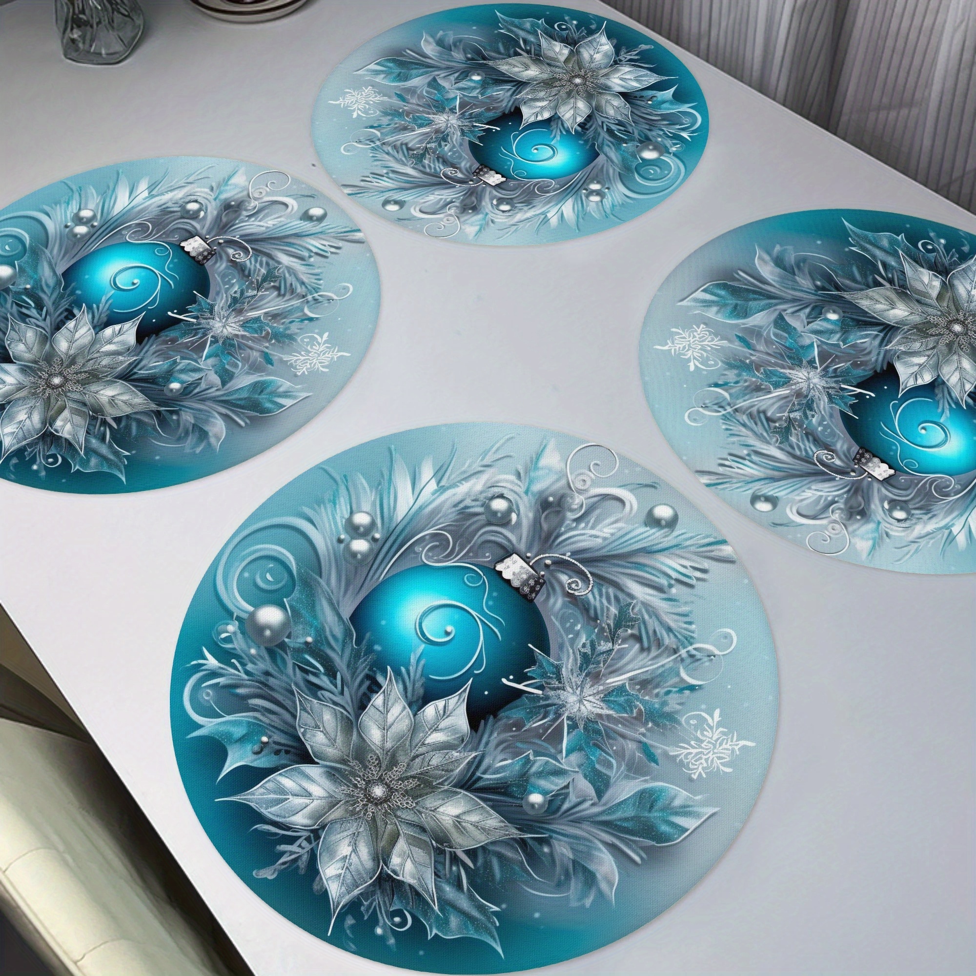

4-pack Woven Polyester Placemats With Christmas Ornaments Design - Hand Washable Round Non-slip Table Mats For Dining Decor, 15-inch