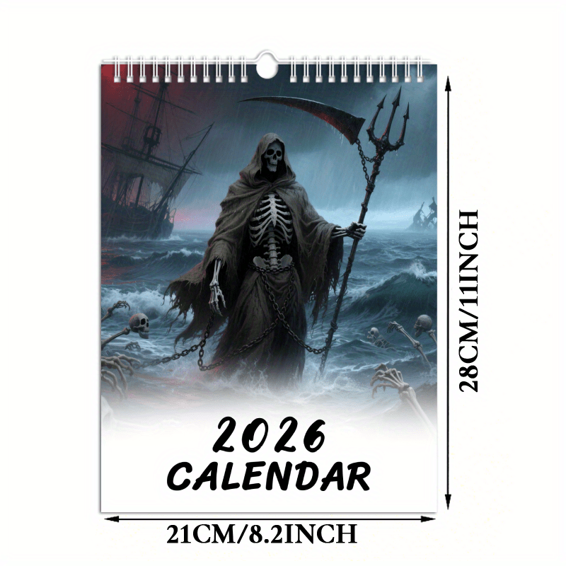 2027 Funny Monthly Wall Calendar, Reaper Illustration Design, Dark Gothic Style, Ideal For Decor, Latest Calendar Gift