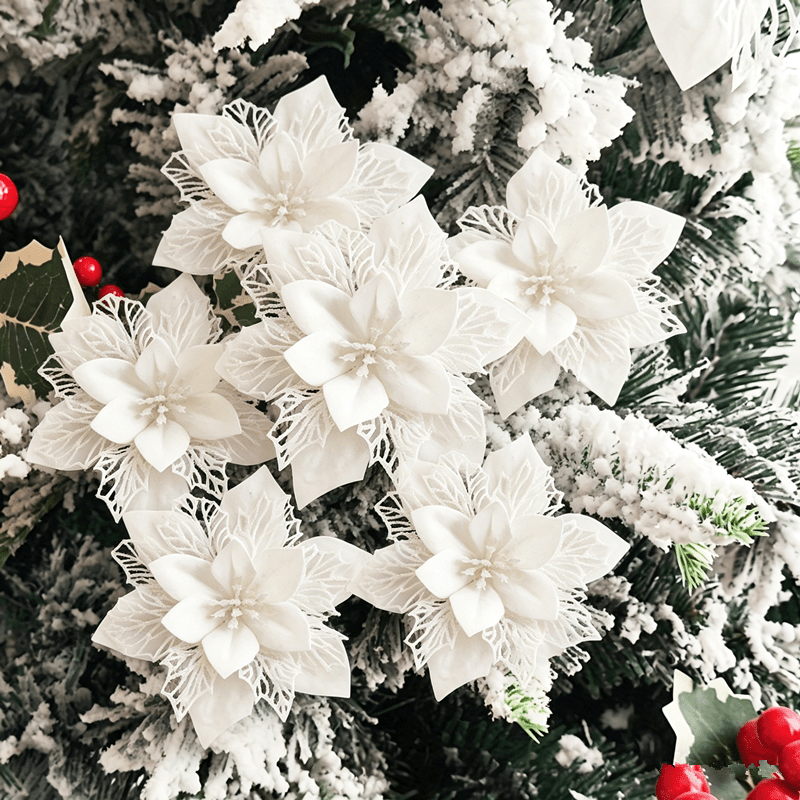 TEMU 7pcs Artificial Three-layer Hollow Christmas Flowers With Golden Powder, Christmas Decorations 15cm, Holiday Accessories, Christmas Trees,