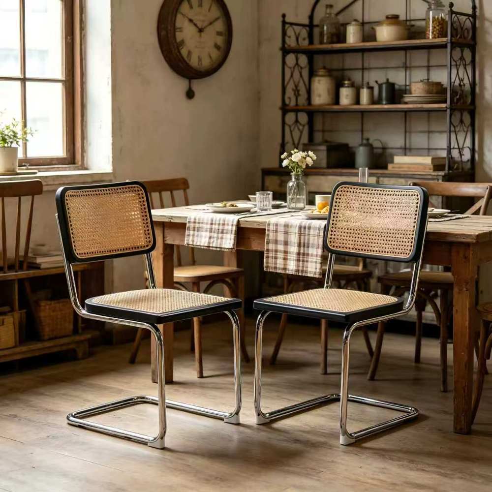 Set Of 2 Dining Chairs, Wooden Rattan Side Accent Chairs With Chrome Legs, Modern Mid-century Designed Chairs, Upholstered Dining Chairs For Living Rooms And Kitchens, Rattan Color And Silvery.