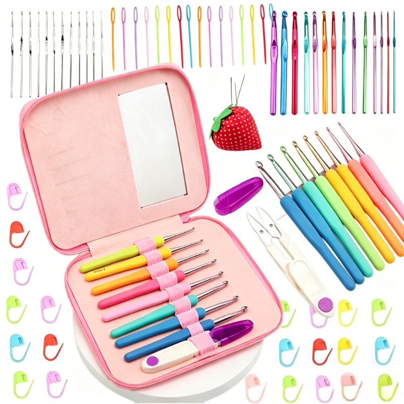 a crochet set ergonomic handle crochet hook set random color knitting crochet multi color marking   portable knitting tool set for crochet  