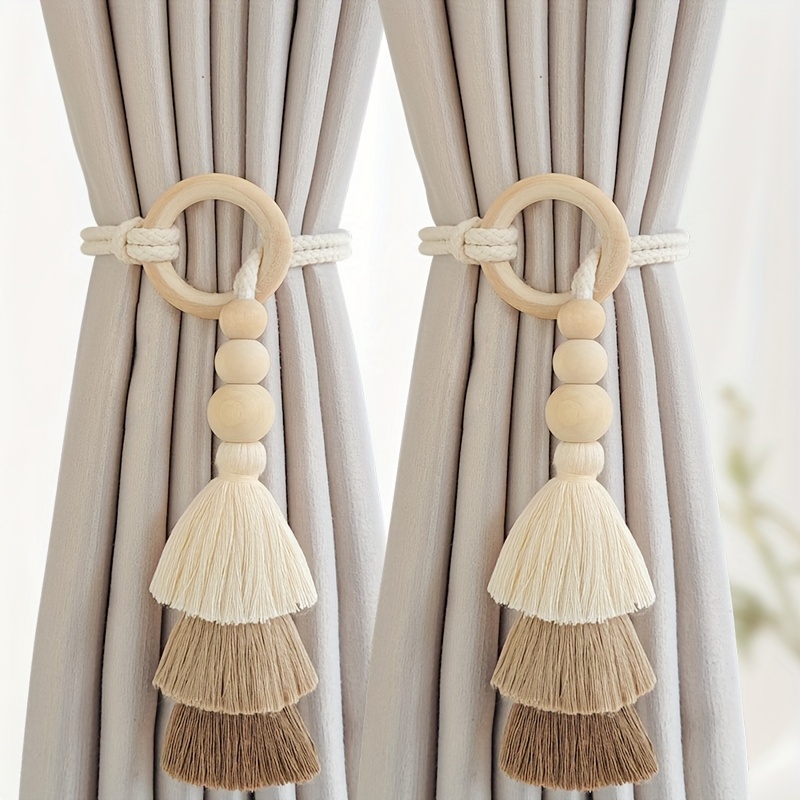 TEMU 2pcs Bohemian Handmade Tassel Curtain Tiebacks With Wooden Beads, Modernboho Style Window Drape Holdbacks For Home Decor, Light Beige And Brown