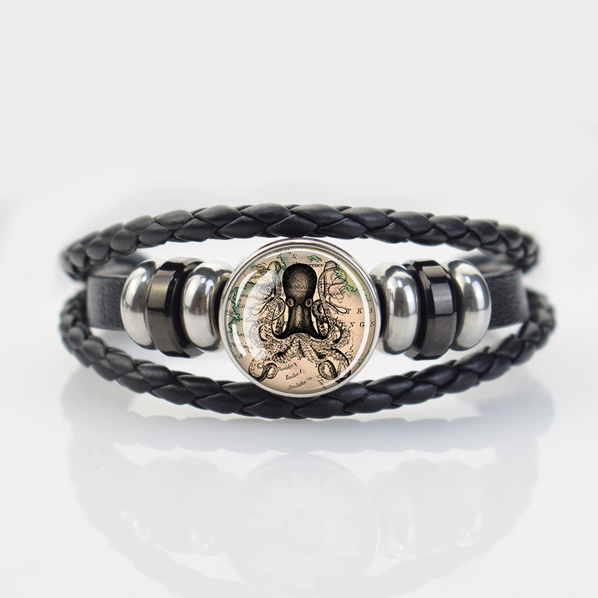 Ocean-Themed Black Braided Bracelet with Marine Animal Patterns