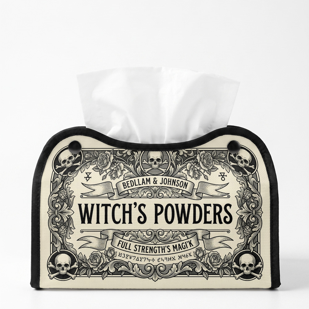 TEMU 1pc Dark Academia Gothic Victorian Tissue Box Holder With Stylish Button Accents "witch's Powders" Ornate Fits Standard Tissues In 2 Sizes.