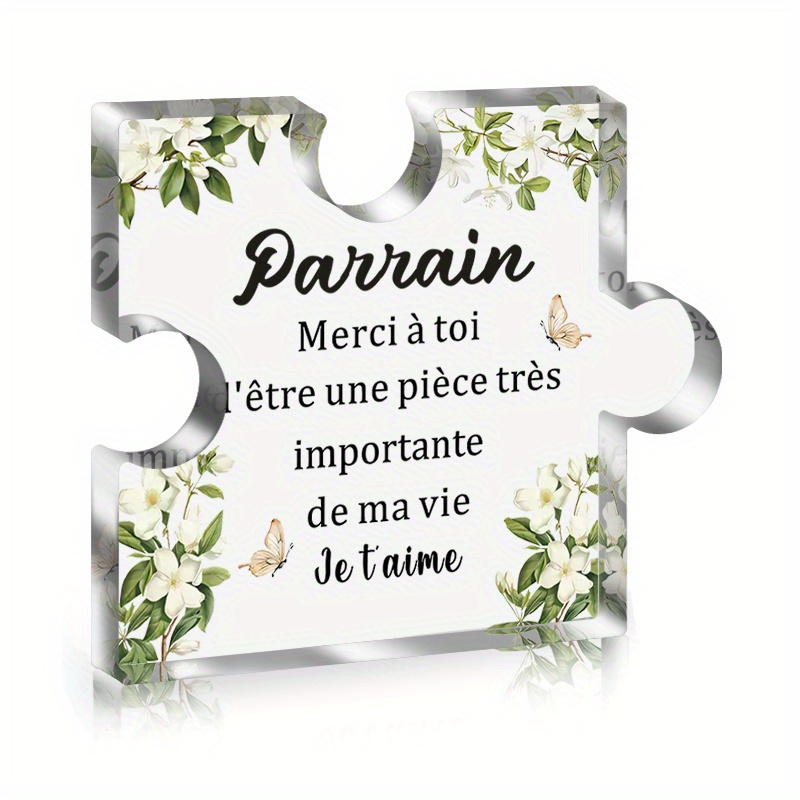 TEMU 2d Flat, 1pc French Christian Gift Jigsaw Acrylic Desktop Ornament - Green Leaf Pattern With White Flowers & Butterflies, Religious Home Office