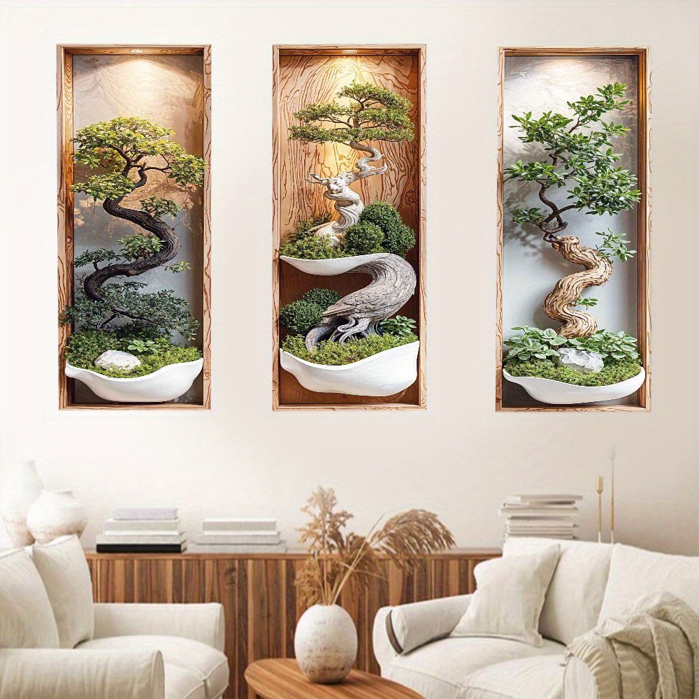 Image of 3pcs Leaflure Zen Bonsai Wall Art Frames Japanese Miniature Trees Natural Wood Box Shadow 3d Effect Artificial Plants Indoor Decor Living Room Bedroom Dining Decoration Home Removable Stickers