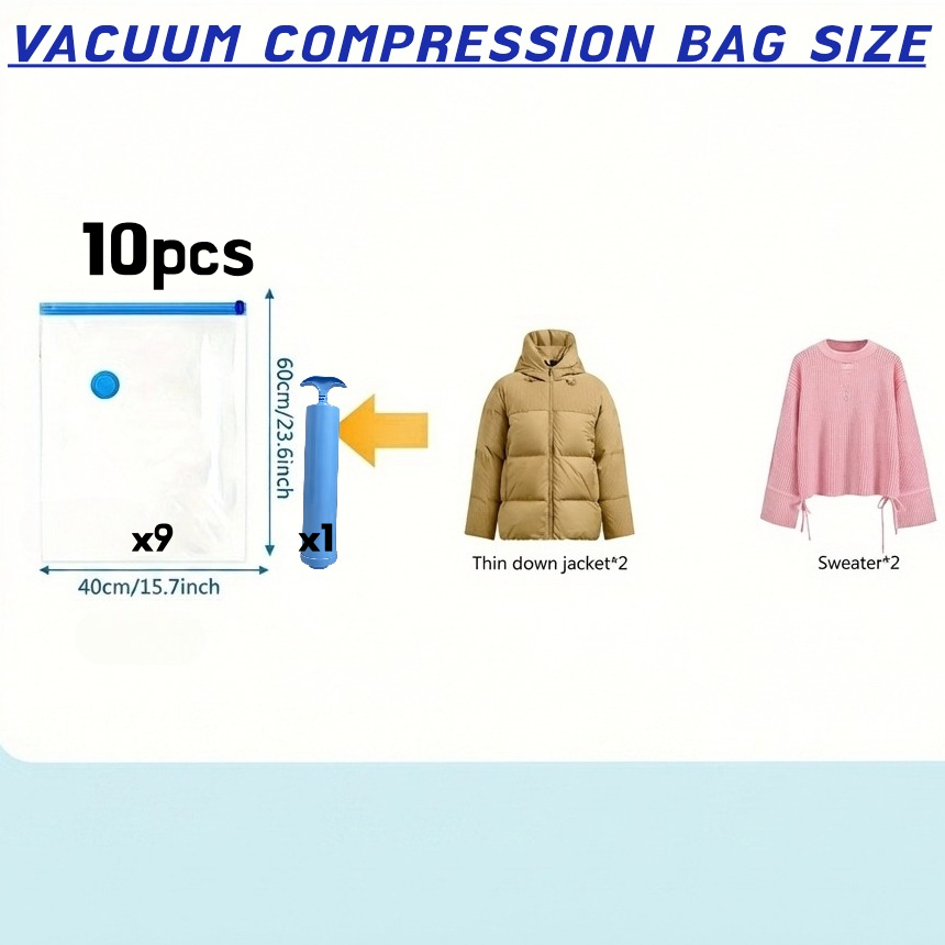 Image of 5/10pcs Vacuum Storage Bag Set With Manual Pump, Space- Compression Bags For Travel, Leak-proof Sealing, Ideal For Vacuum-sealing Clothes, Bedding, Pillows, Blankets, And Duvets
