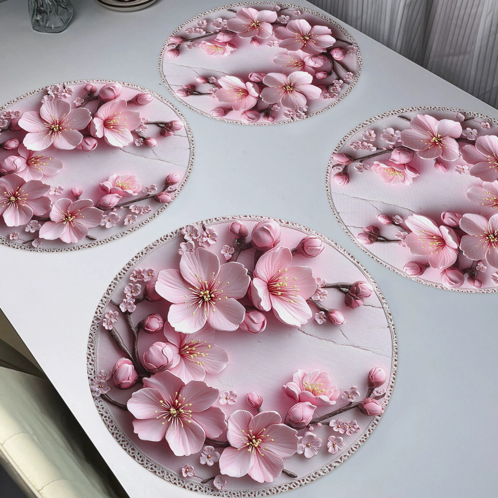 

Set Of 4 Cherry Blossom Round Placemats - Non-slip, Heat Resistant Polyester Table Mats For Spring Dining & Parties, Easy Clean, 3d Pattern, Knit Fabric, Only, Decor