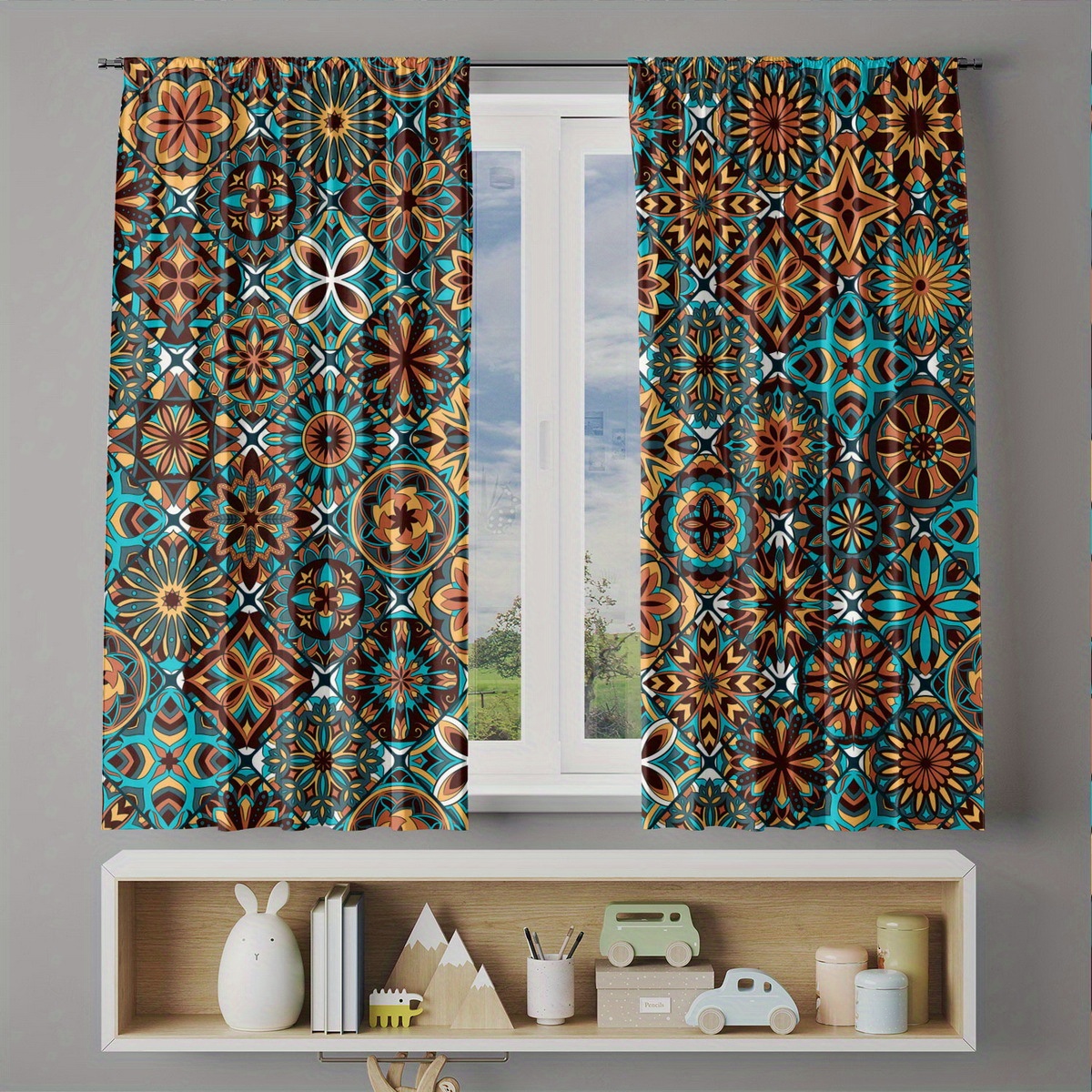 TEMU 2pcs Bohemian Mandala Floral Curtains - Teal Blackout Window Drapes, Light Filtering Thermal Insulated Window Treatments For Living Room,