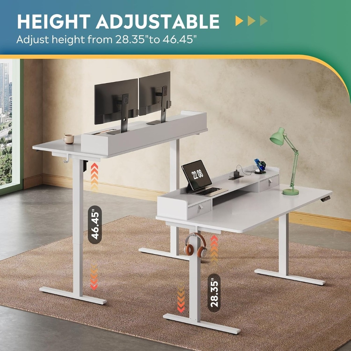 55×28 Inch Electric Standing Desk with Drawers | 3 Adjustable Height, Storage Shelf, Built-in USB Outlet, Memory Preset, Sit to Stand, Contemporary Style, White, Engineered Wood Top, Box Drawers, Floor Mount, by GALAXHERO