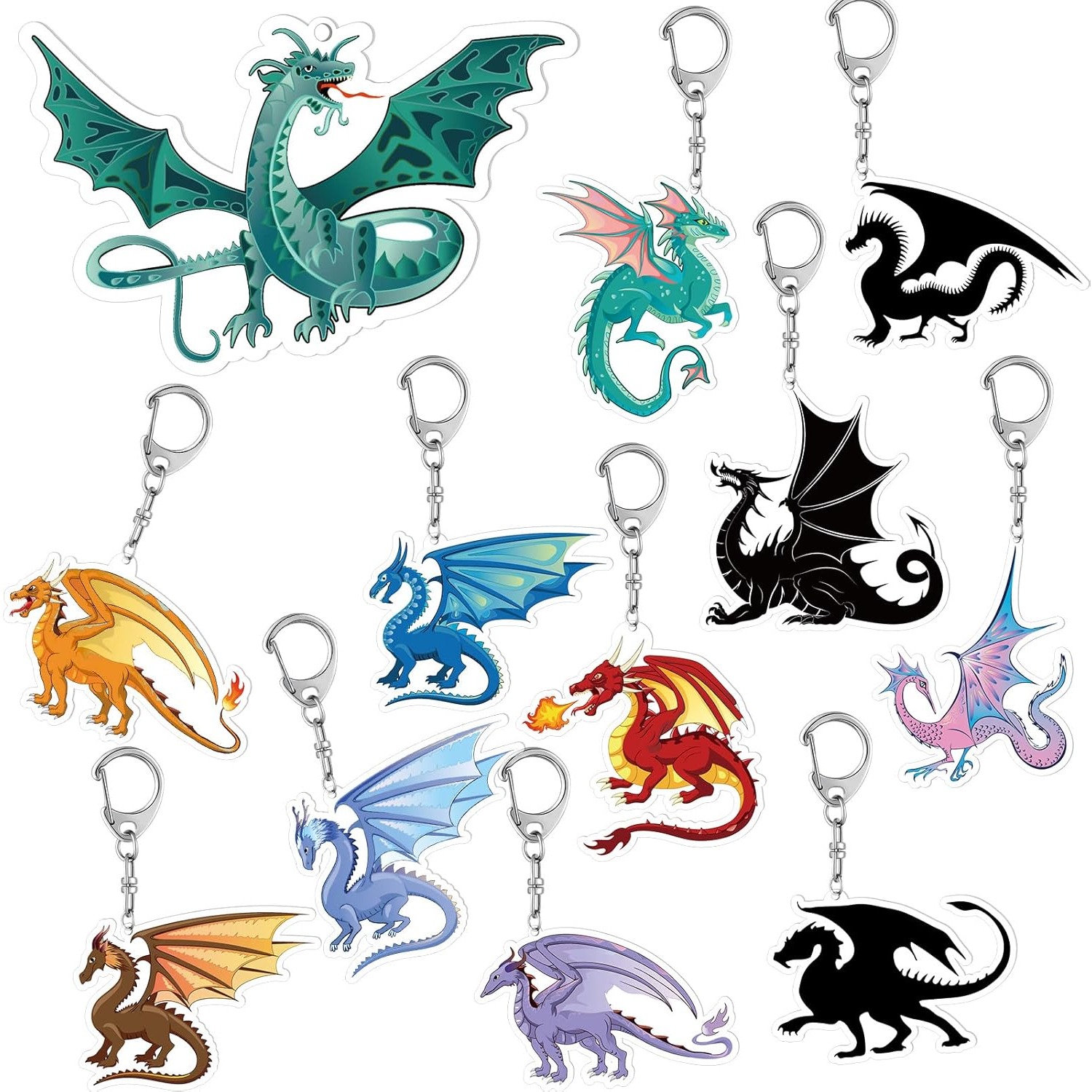 TEMU Cadeau pour elle/lui Ensemble de 12 porte-clés sur le thème du dragon, pendentif dragon de dessin animé en acrylique, cadeaux de fête