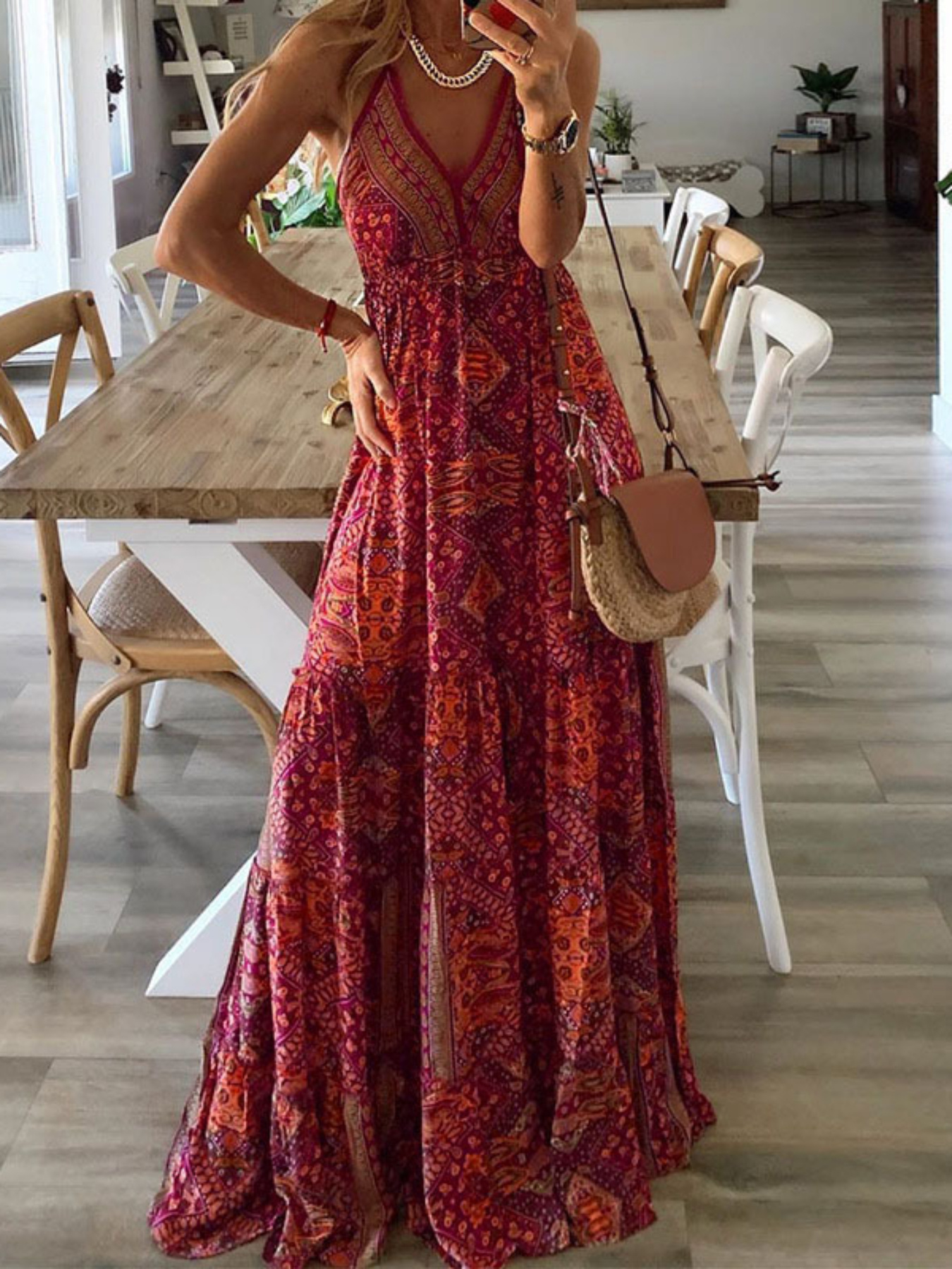 Women's Bohemian Suspender Dress V-Neck High Waist Floral Print Maxi Elegant
