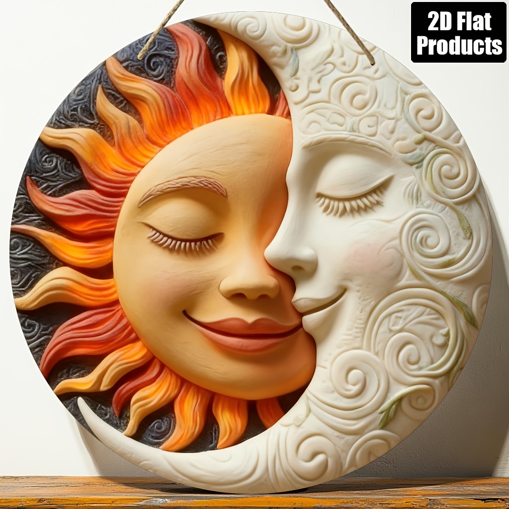 TEMU 2d Flat Circular Wooden Board Art Wall Decor, Sun And Moon Theme, Suitable For Bar Kitchen Living Room Office Decoration, Home Decor, Holiday