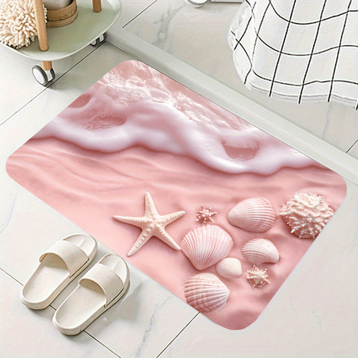 TEMU 1 pezzo, Tappetino da bagno rosa con stampa spiaggia, per aree bagno, Tappetini da bagno, Tappetini per vasca da bagno, Zerbini per porta del