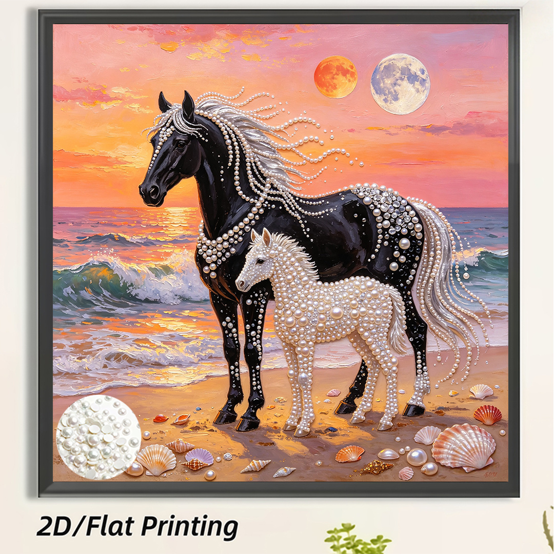 TEMU New 2026 Pearl Painting Kit Featuring A Seashore Pearl And Foal Design. This Diy Handmade Rhinestone Art Kit Includes Tools And Pearl Drills.