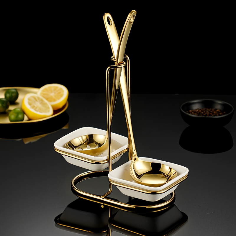 TEMU Fashion Spoon And Chopstick Storage Rack | Golden Stainless Steel Ceramic Material, Open Storage With Plates & Tone Rack Stand For Kitchen