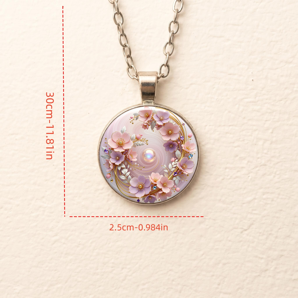 2D Floral Pattern Round Glass Alloy Pendant Necklace, Unisex