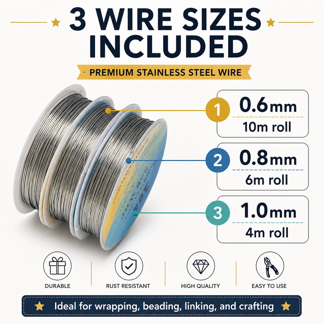 TEMU 3 Rolls Stainless Steel Wire Set - 0.6mm, 0.8mm, 1.0mm, Resistant, Flexible& Durable, Ideal For Jewelry Making, Crafting, Projects& Repairs