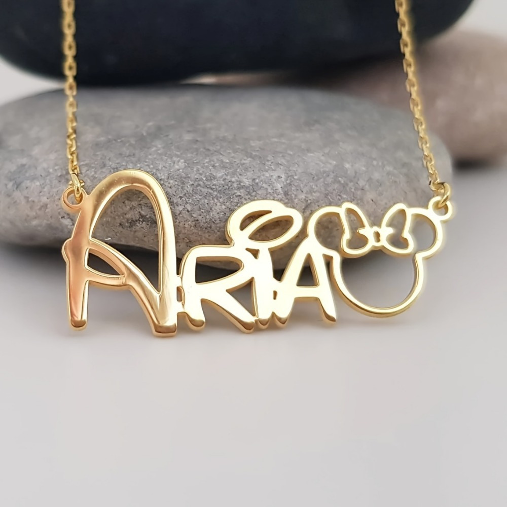 

Customizable Name Necklace With Cartoon Mouse Design, 18k Gold Plated Stainless Steel Pendant, Elegant Jewelry For Women And Adults Over 15 Years Old