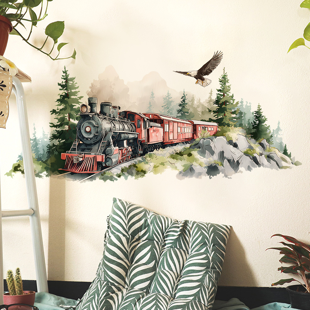 Image of A Vintage Train Sticker, 2d Flat Sticker, Watercolor Design Suitable For Living Rooms, Bedrooms, Kitchens, Doors, And Walls. A Pvc Removable Self-adhesive Wall Decoration For Home Renovation