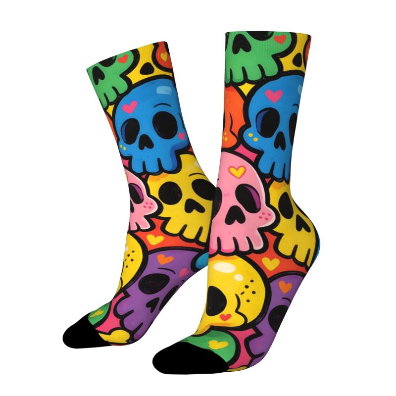 TEMU A Pair Of Unisex Outdoor Socks Featuring A Colorful Skull Graffiti Design In A Cartoon Style, Machine Washable, Suitable For Outdoor Sports