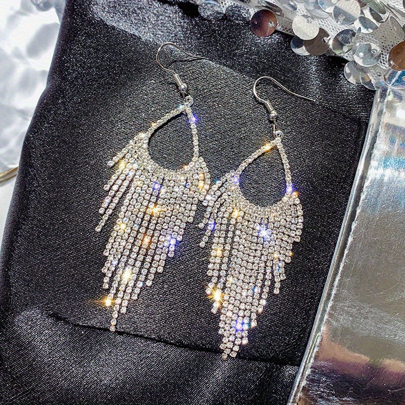 Exquisite Light Luxury All-match Water Drop Rhinestones Long Tassel Ear Hooks Daily Casual All-match Dating Party Vacation Ear Jewelry, Enhancing Daily , Without Battery