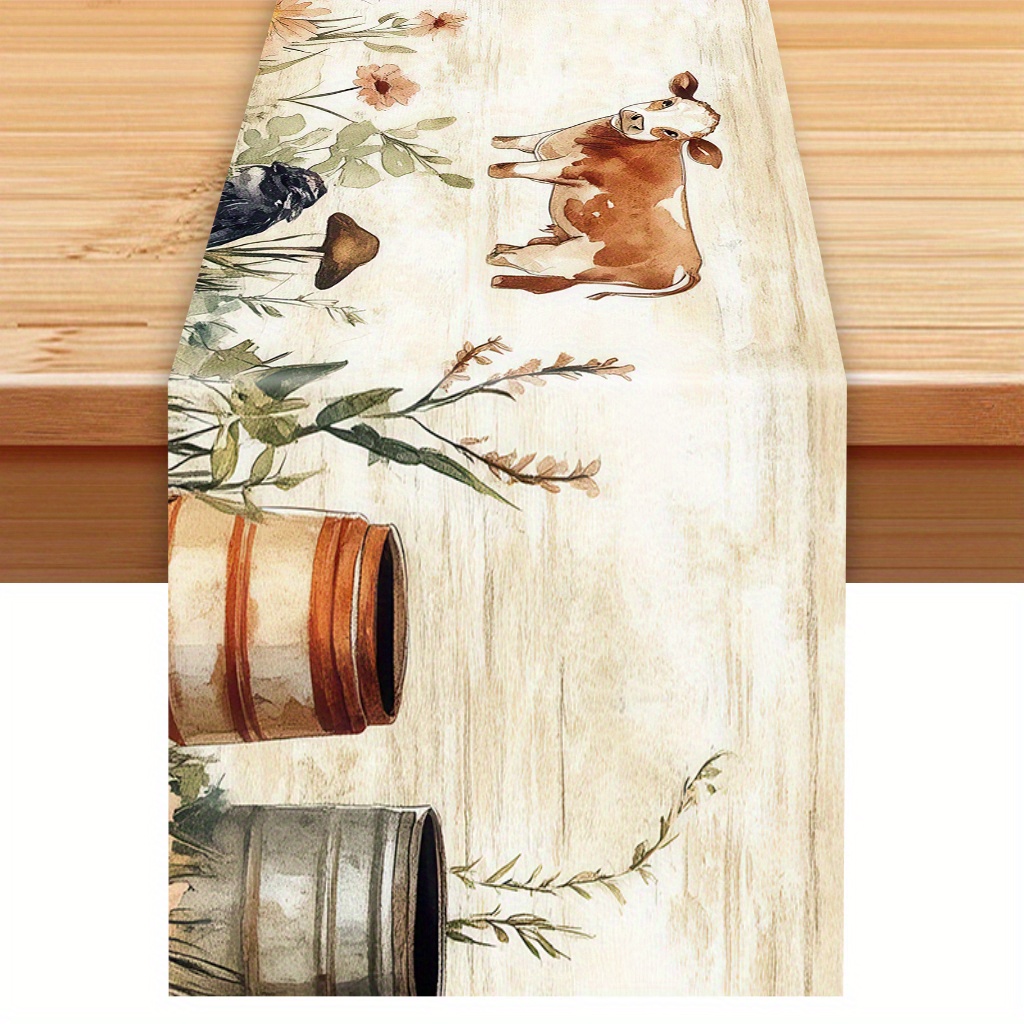 1pc rustic farmhouse table runner with cow and   polyester ideal for home dining holiday parties events durable decorative tablecloth with vintage barrels and wheat sheaves   farmhouse kitchen deco