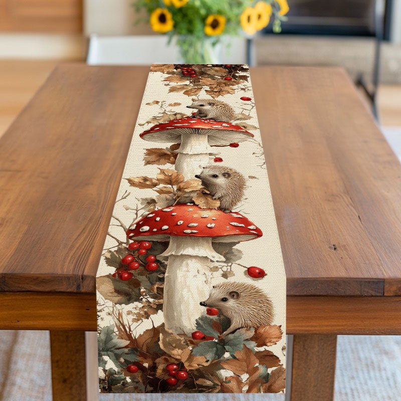 TEMU A Single Nature-themed Table Runner Featuring A Mushroom And Hedgehog Design In Natural Colors, Ideal For Autumn Gatherings, Parties, Picnics,