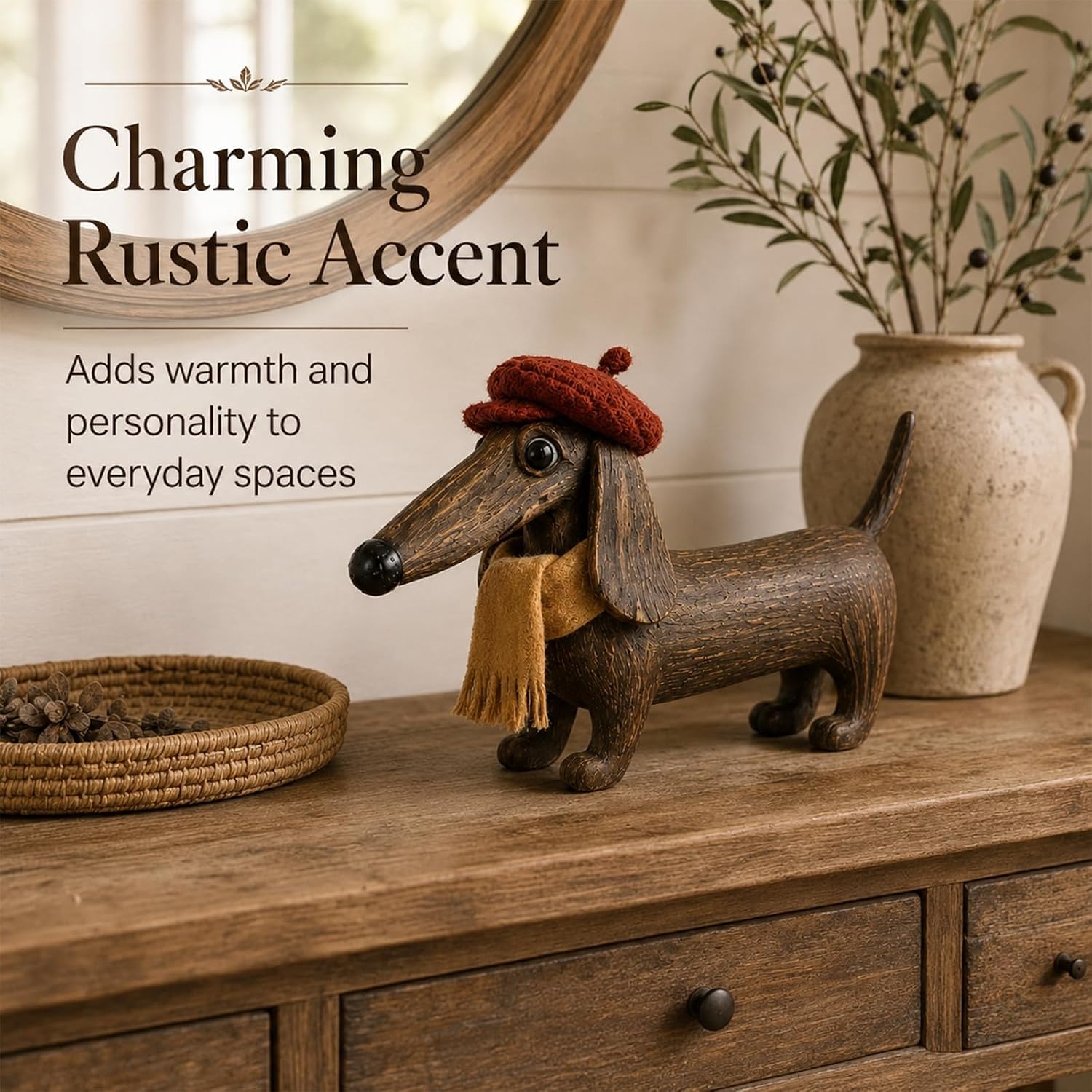 rustic dachshund figurine with hat and scarf vintage style dog statue farmhouse home desktop shelf decor housewarming gift Product details 3