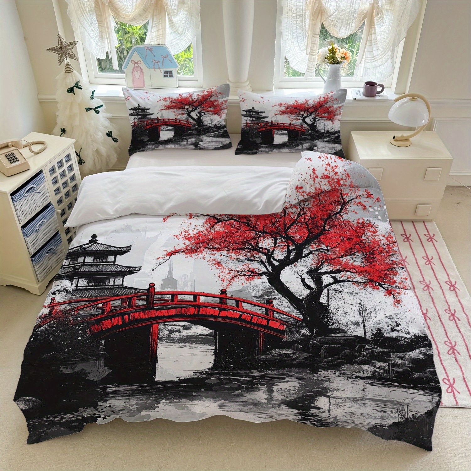 TEMU 3pcs Bedding Set Black And White With And Tree Print (1duvet Cover   2pillowcase, Without Core) For Bedroom Decor