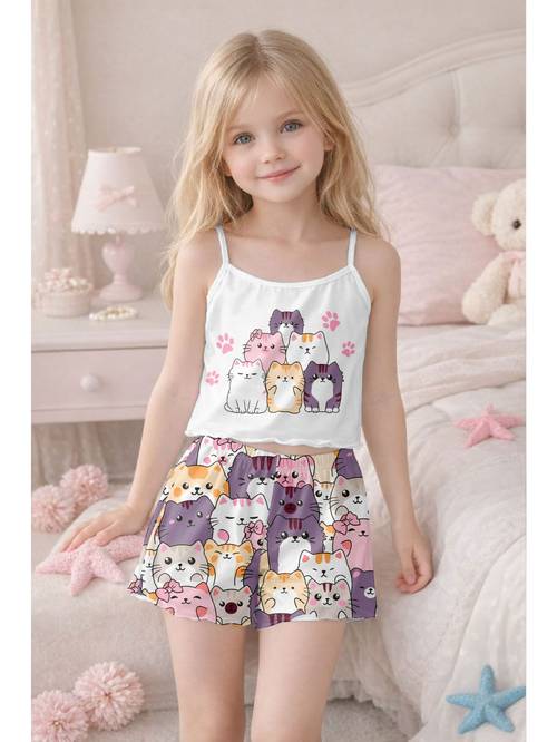 2pcs girls cami shorts pajama set cute cat print comfortable fabric suitable for pre sleep summer wear machine washable ideal gift for girls flame retardant fabric