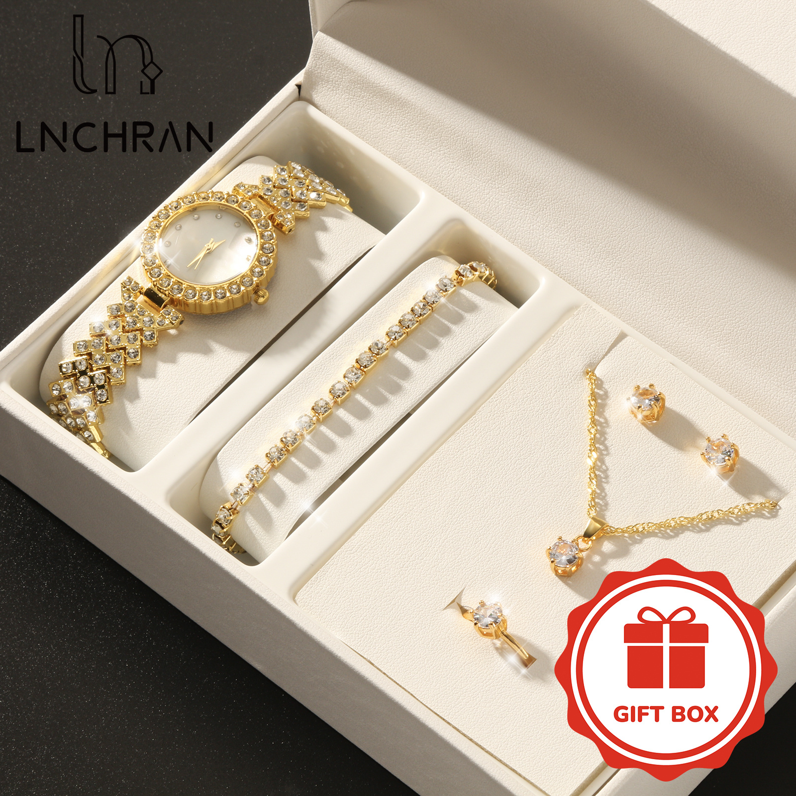 Image of 1pc Stainless Steel Golden Inlaid Synthetic Cubic Zirconia 5pcs Set, Including Bangle, Bracelet, Necklace, Earrings And Ring, Luxury Women's Jewelry Set Gift Stainless Steel Jewelry