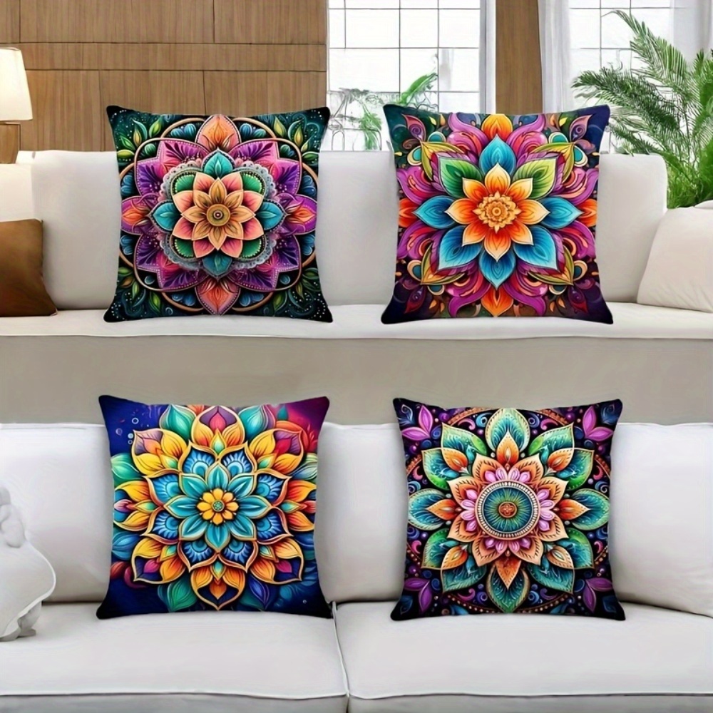 TEMU Juego de 4 Fundas para Cojines Mandala Multicolor, Estampado Unilateral, Diseño en 2D, Material de Poliéster. Vibrantes y Llamativas. Perfectas