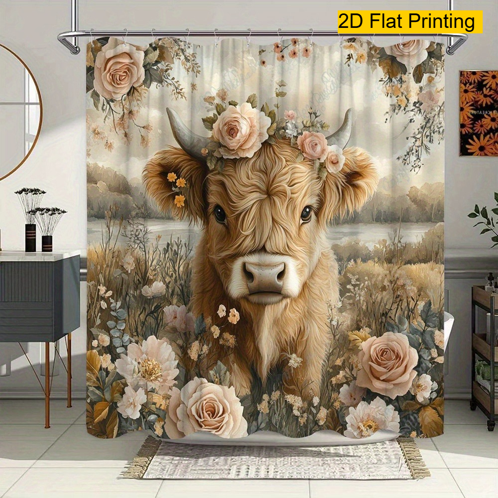 TEMU Rideau de douche plat 2D, 2D plat, 2D plat 1pc Illustration rustique Vache Highland Style réaliste Impression numérique Couronne florale Paysage
