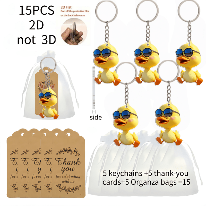 TEMU 2d Flat, 15pcs Cute Little Yellow Duck With Glasses 2d Acrylic Decorations, 5 Acrylic Keychains With 2d Designs + 5 Thank You Cards + 5 Gift