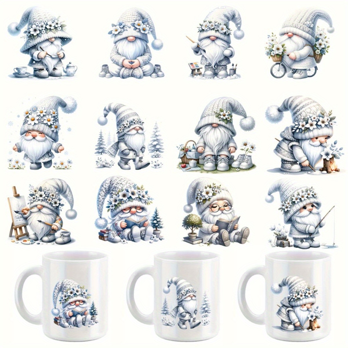 12pcs/set White Christmas Gnome Diy Glass Jar Packaging Stickers Uv Dtf High Adhesive Transfer Paper Suitable For Decorating Cups And Bottles